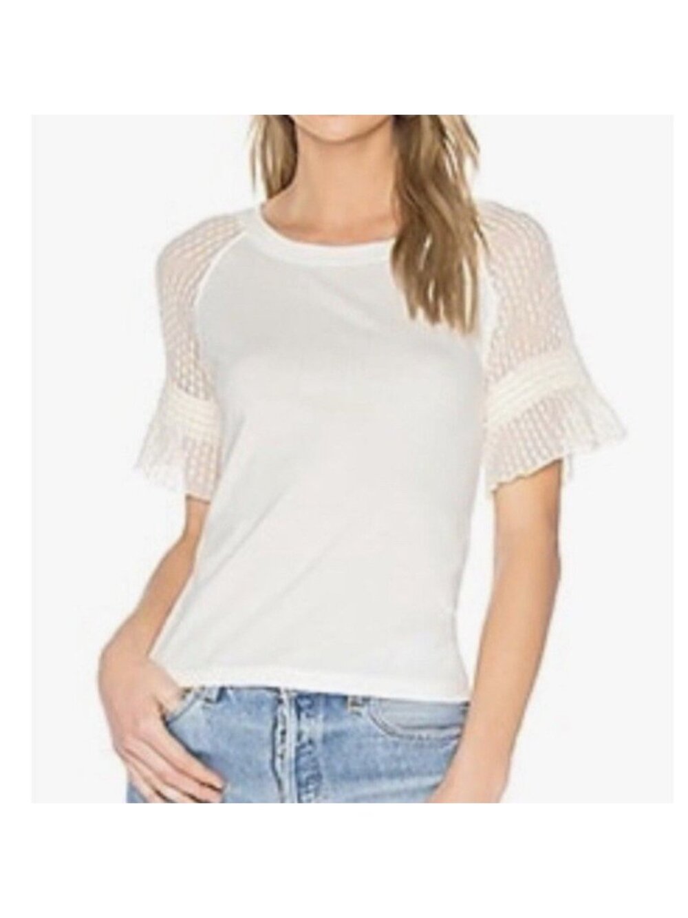 See By Chloe Womens Size S Top With Lace Ruffle Sleeve Ivory Chic Short-Sleeve
